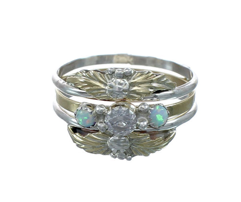 Sterling Silver 12KGF Opal Cubic Zirconia Feather Native American Ring Size 6 JX130855